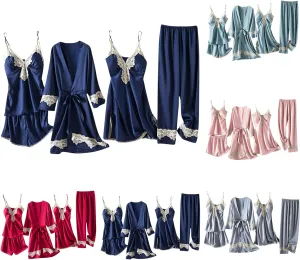 Womens Pajama Sets 5pcs Silk Sleepwear Loungewear Cute Sexy Lingerie Set Satin Robe Cami Pajamas Sets