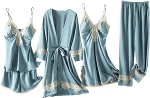 Womens Pajama Sets 5pcs Silk Sleepwear Loungewear Cute Sexy Lingerie Set Satin Robe Cami Pajamas Sets