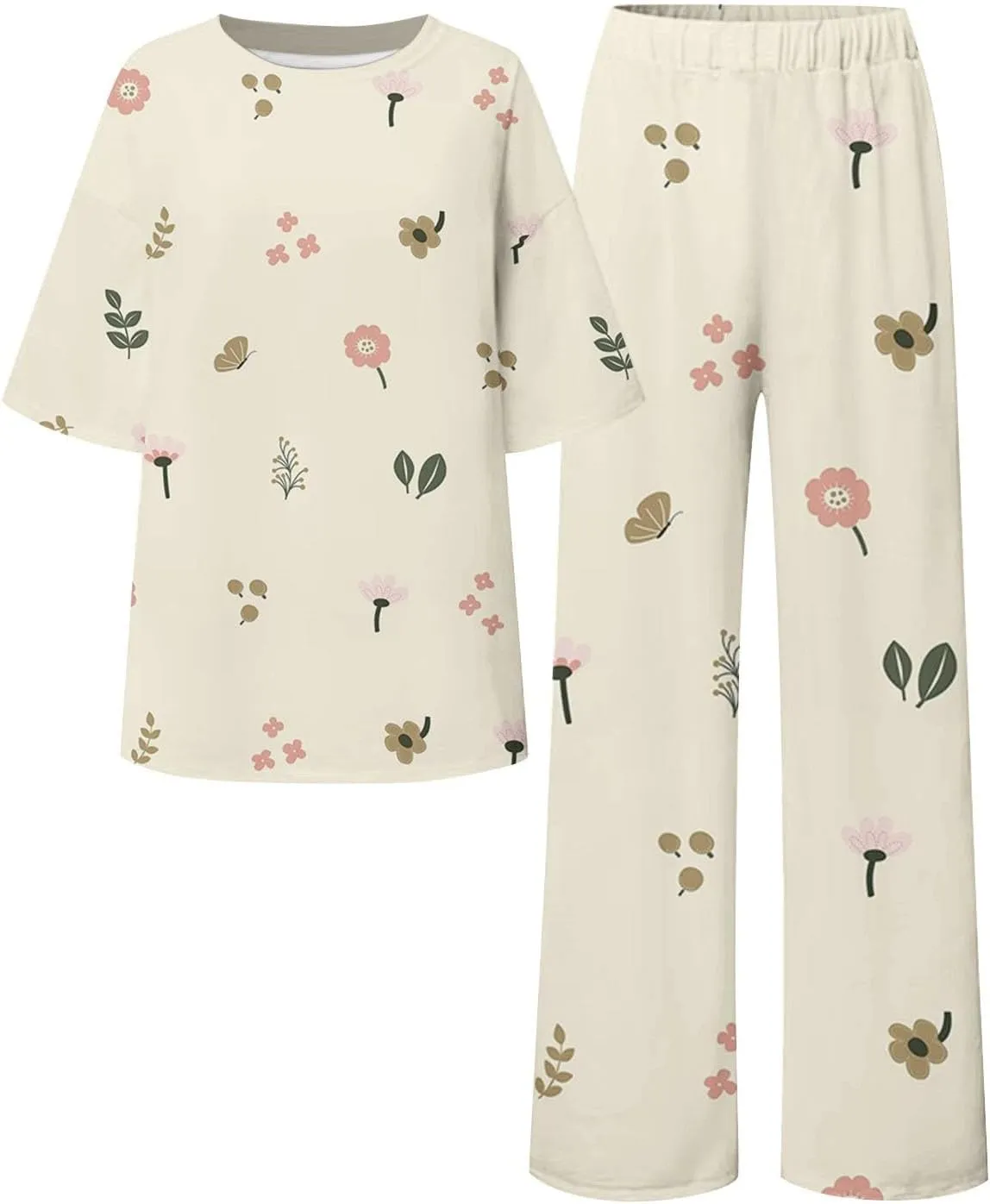 Womens Pajama Sets Cotton Pj Set Short Sleeve Floral Print Top Shirt With Pants Large Size 2 Set Sleepwear Button