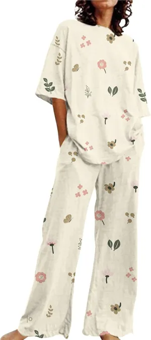 Womens Pajama Sets Cotton Pj Set Short Sleeve Floral Print Top Shirt With Pants Large Size 2 Set Sleepwear Button