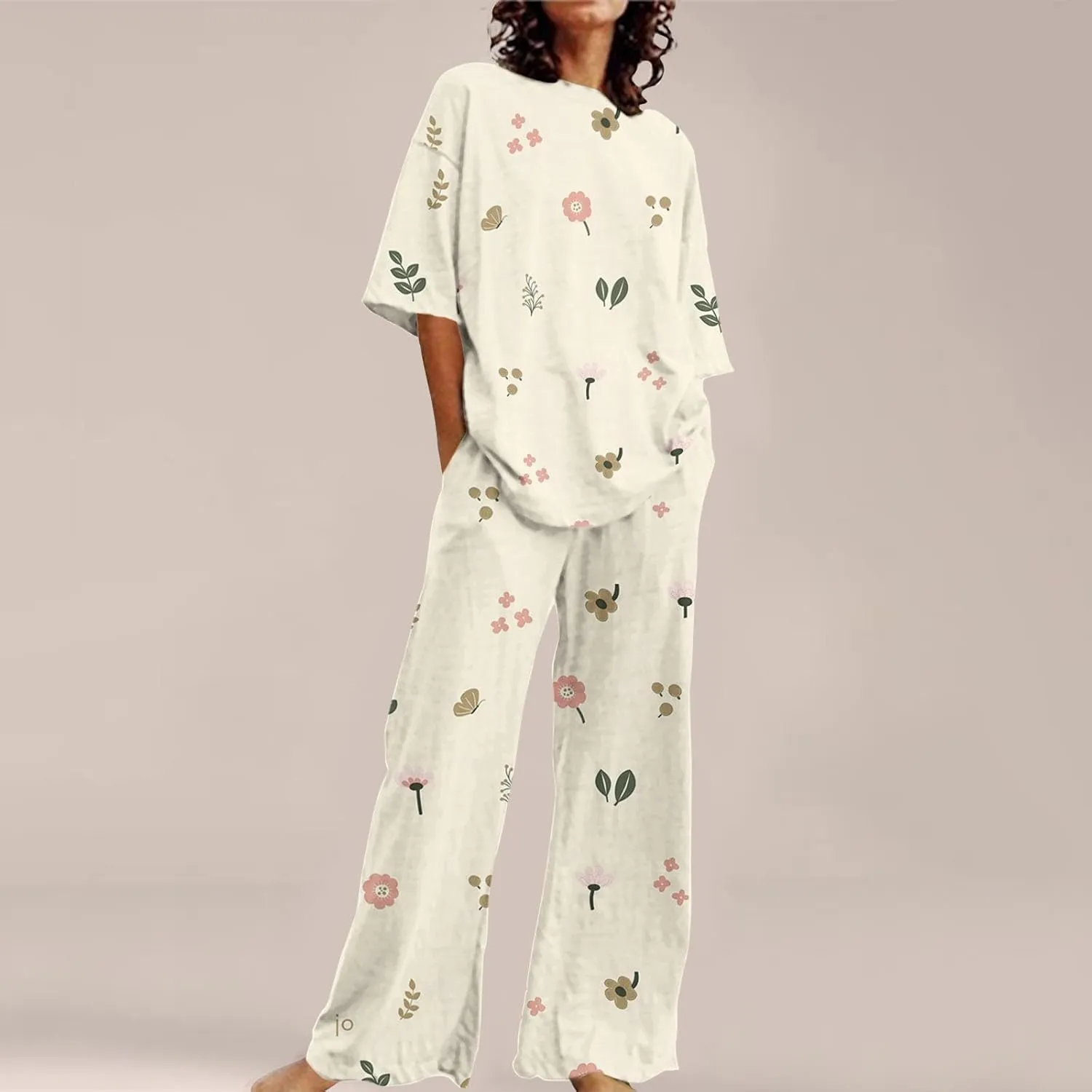 Womens Pajama Sets Cotton Pj Set Short Sleeve Floral Print Top Shirt With Pants Large Size 2 Set Sleepwear Button