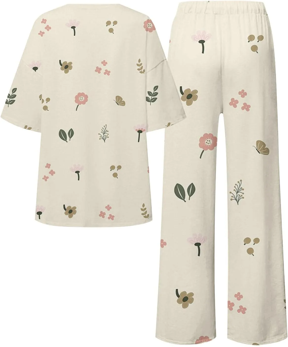 Womens Pajama Sets Cotton Pj Set Short Sleeve Floral Print Top Shirt With Pants Large Size 2 Set Sleepwear Button