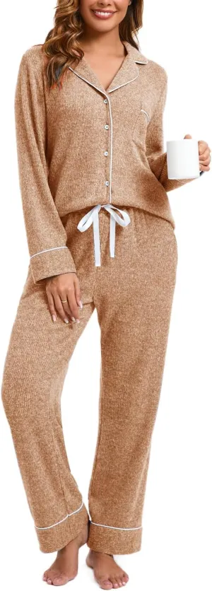 Women's Pajama Sets Long Sleeve Button Down Soft Knit Sleepwear Pjs 2 Piece Lounge Set