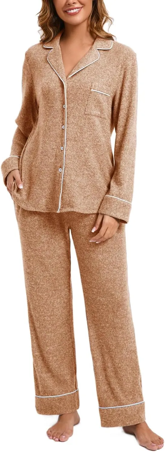 Women's Pajama Sets Long Sleeve Button Down Soft Knit Sleepwear Pjs 2 Piece Lounge Set