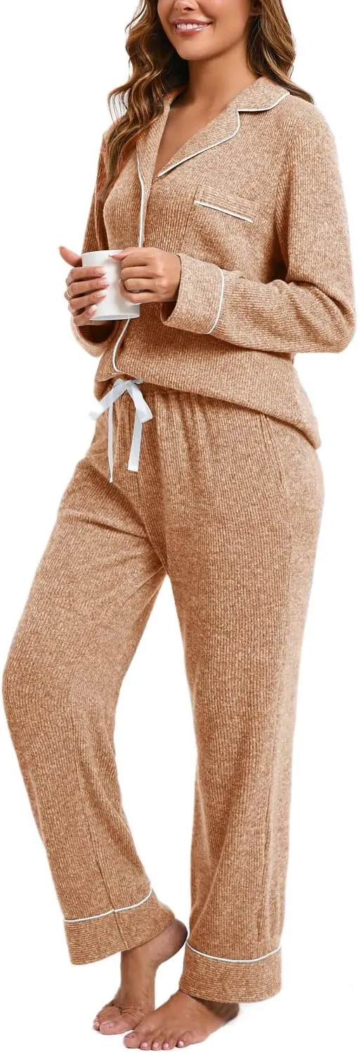 Women's Pajama Sets Long Sleeve Button Down Soft Knit Sleepwear Pjs 2 Piece Lounge Set