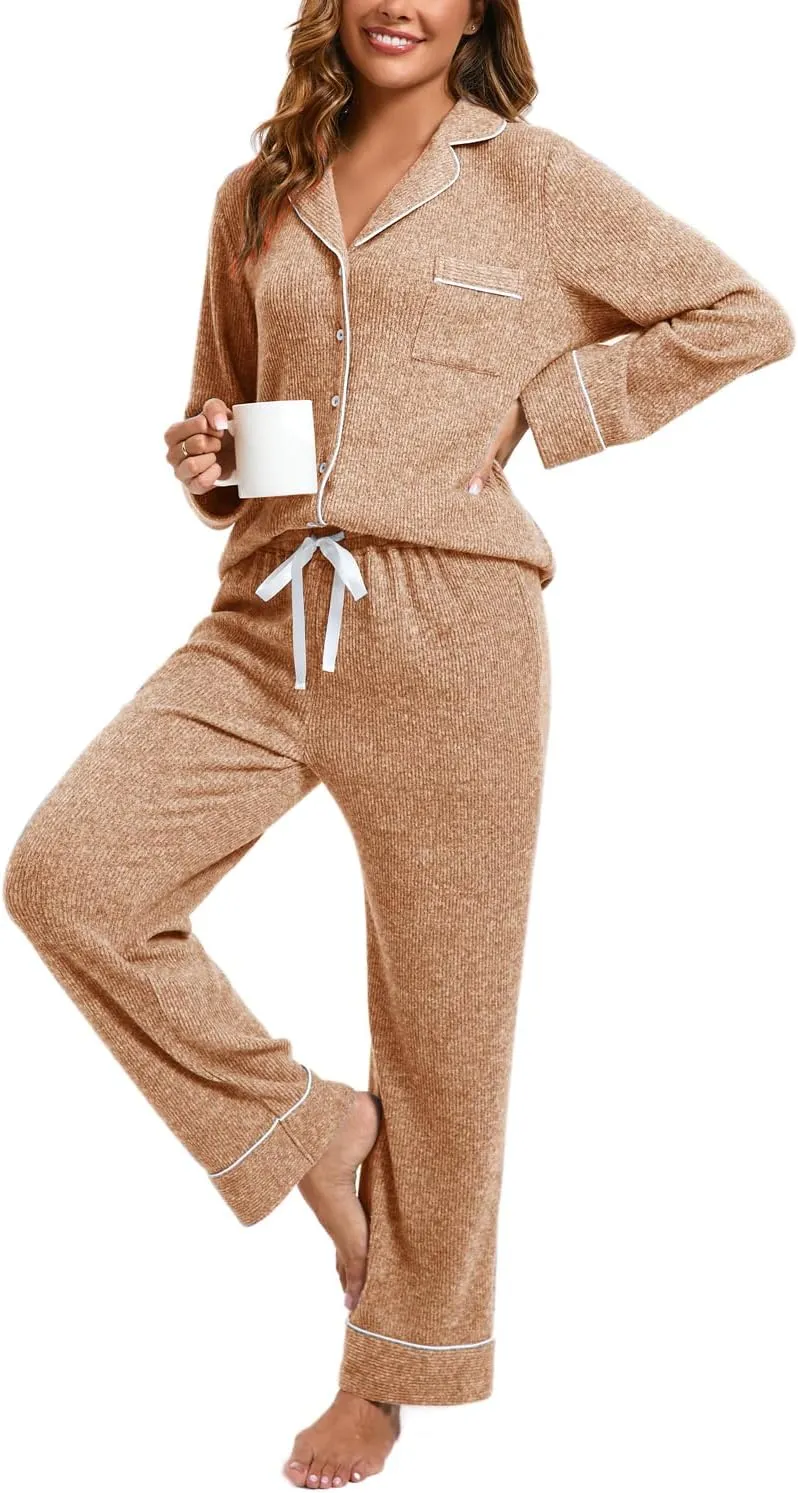 Women's Pajama Sets Long Sleeve Button Down Soft Knit Sleepwear Pjs 2 Piece Lounge Set