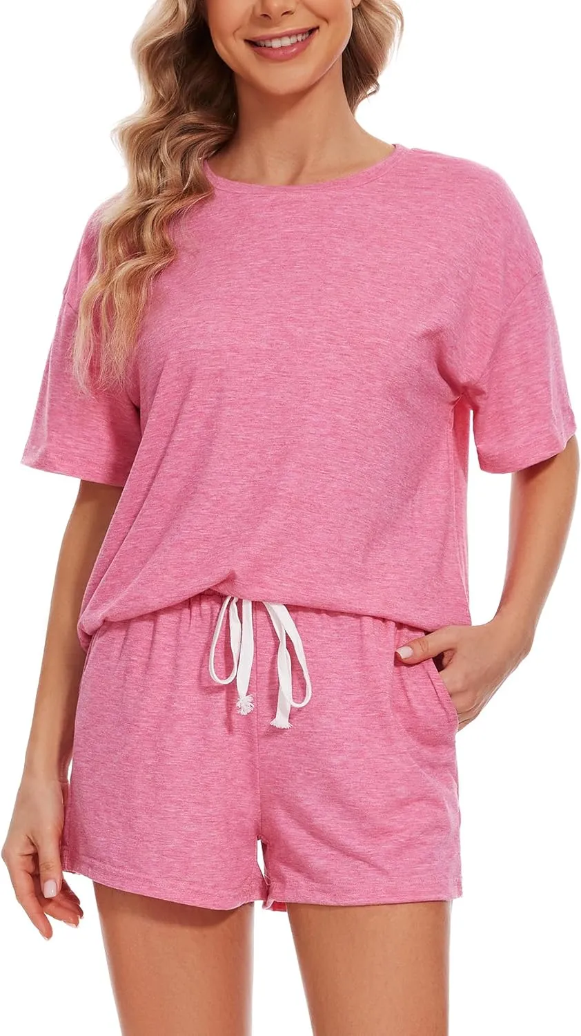 Womens Pajama Sets Short Sleeve Sleepwear Soft Cotton Pj Lounge Outfits Sets with Pockets