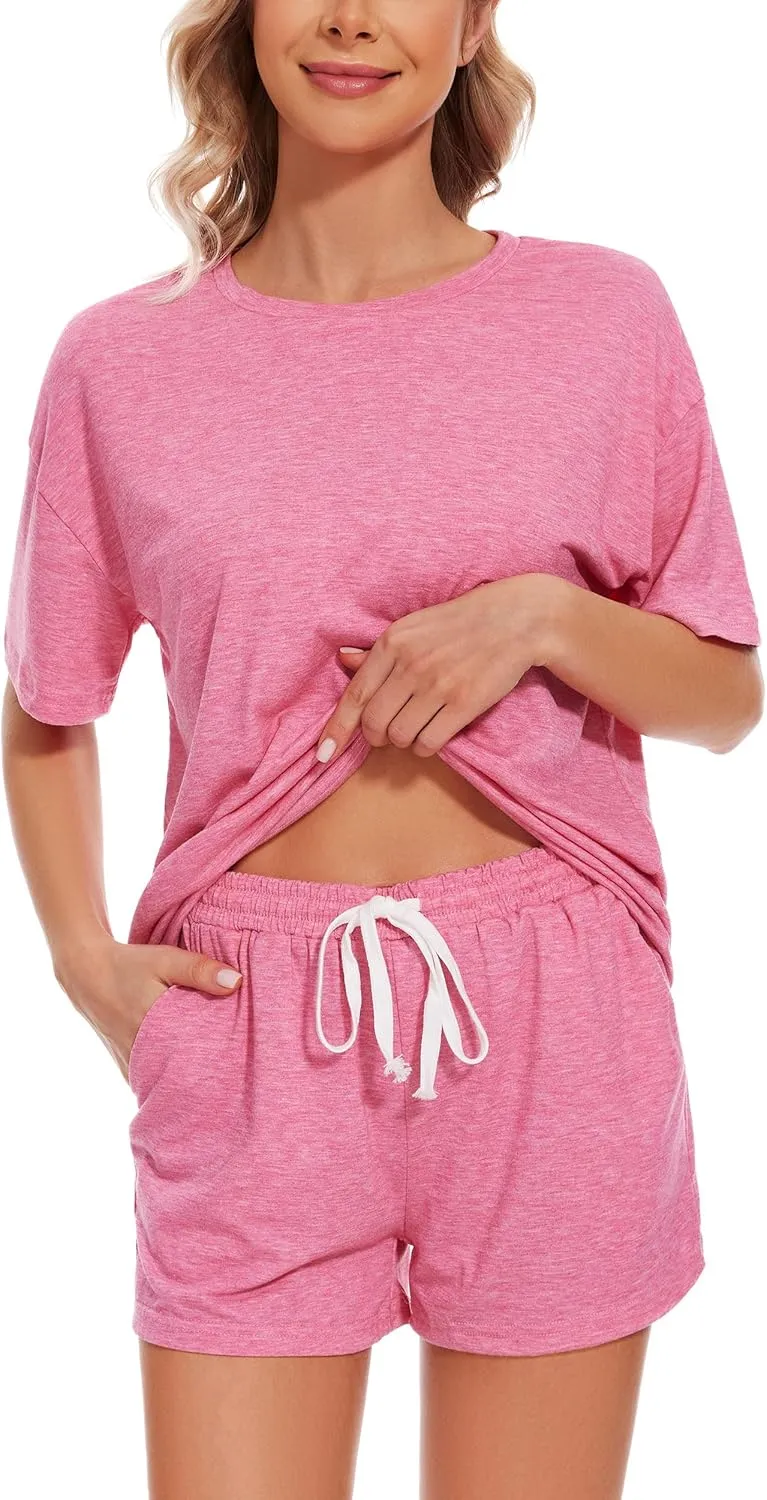 Womens Pajama Sets Short Sleeve Sleepwear Soft Cotton Pj Lounge Outfits Sets with Pockets