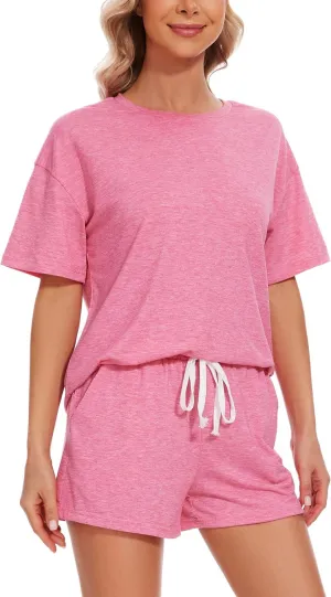 Womens Pajama Sets Short Sleeve Sleepwear Soft Cotton Pj Lounge Outfits Sets with Pockets