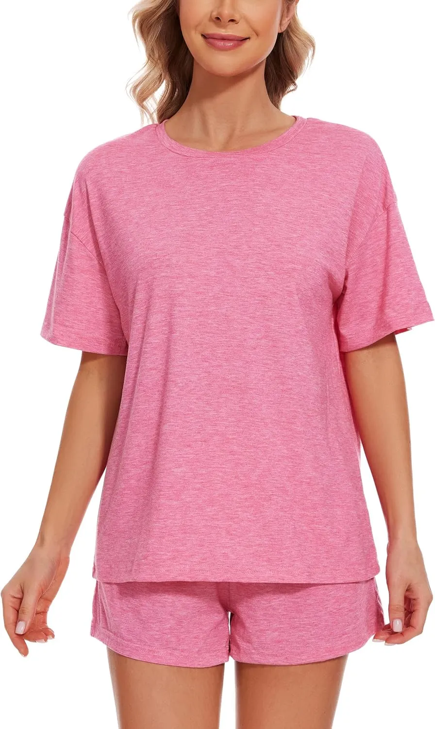 Womens Pajama Sets Short Sleeve Sleepwear Soft Cotton Pj Lounge Outfits Sets with Pockets