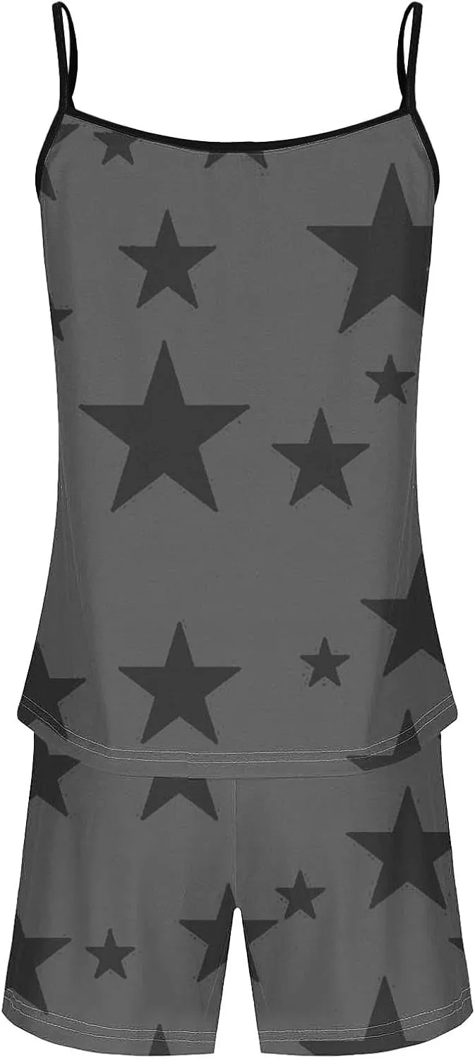 Women's Pajama Sets Sleeveless Pj Set 2 Piece V Neck Star Print Cami Tops Elastic waist Shorts Lingerie Sleepwear