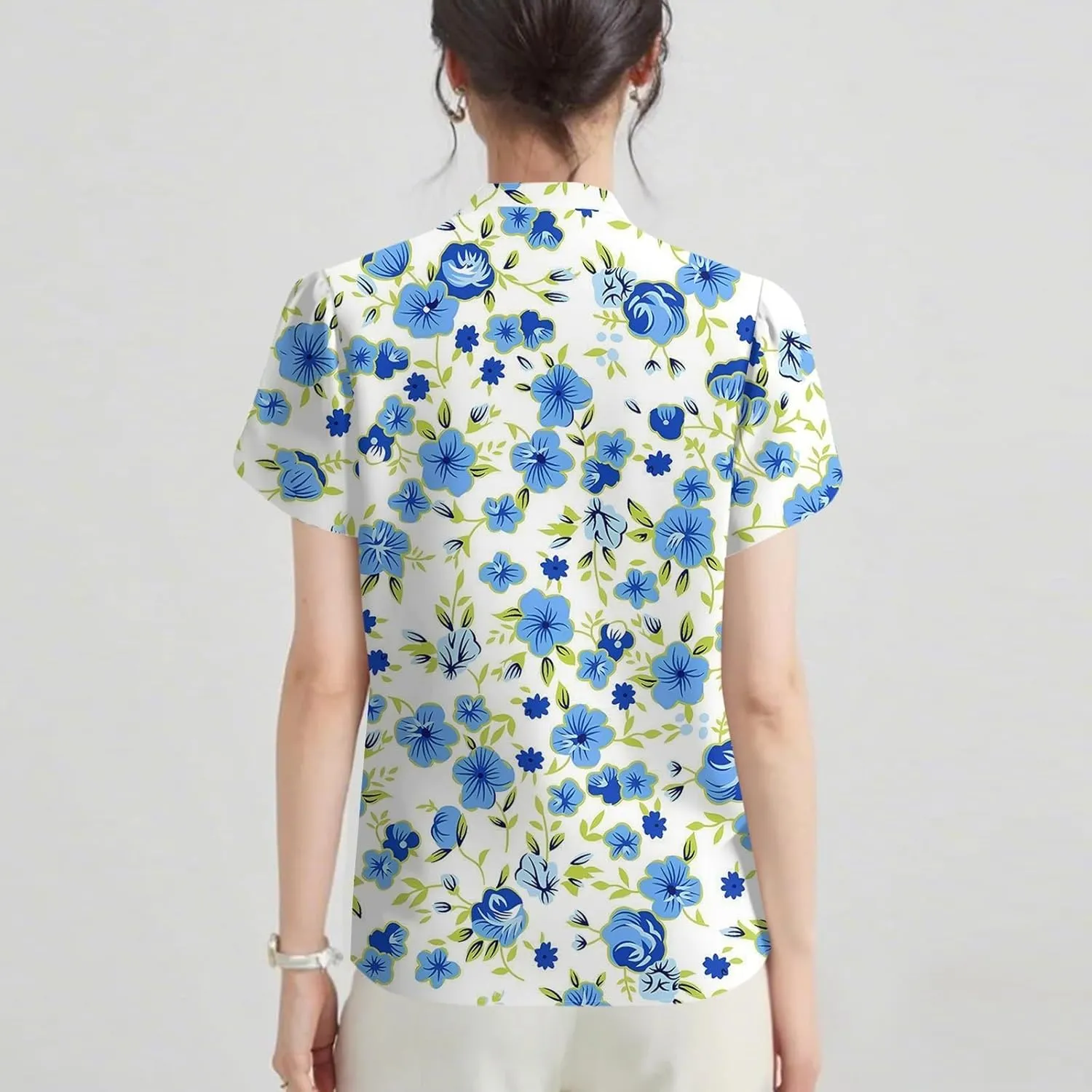 Womens-Plus-Size-Summer-Tops Dressy Ruffle V Neck T Shirts Trendy Puff Short Sleeve Tunics Casual Buttons Up Blouses