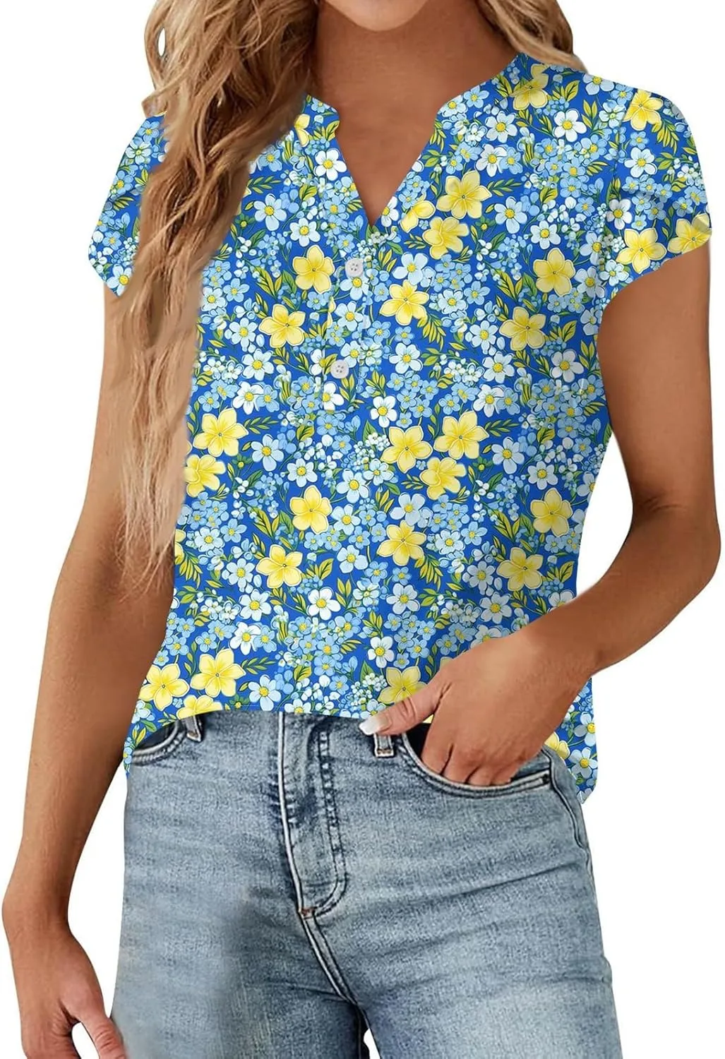 Womens-Plus-Size-Summer-Tops Dressy Ruffle V Neck T Shirts Trendy Puff Short Sleeve Tunics Casual Buttons Up Blouses