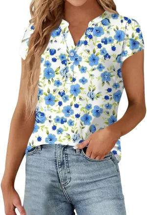 Womens-Plus-Size-Summer-Tops Dressy Ruffle V Neck T Shirts Trendy Puff Short Sleeve Tunics Casual Buttons Up Blouses