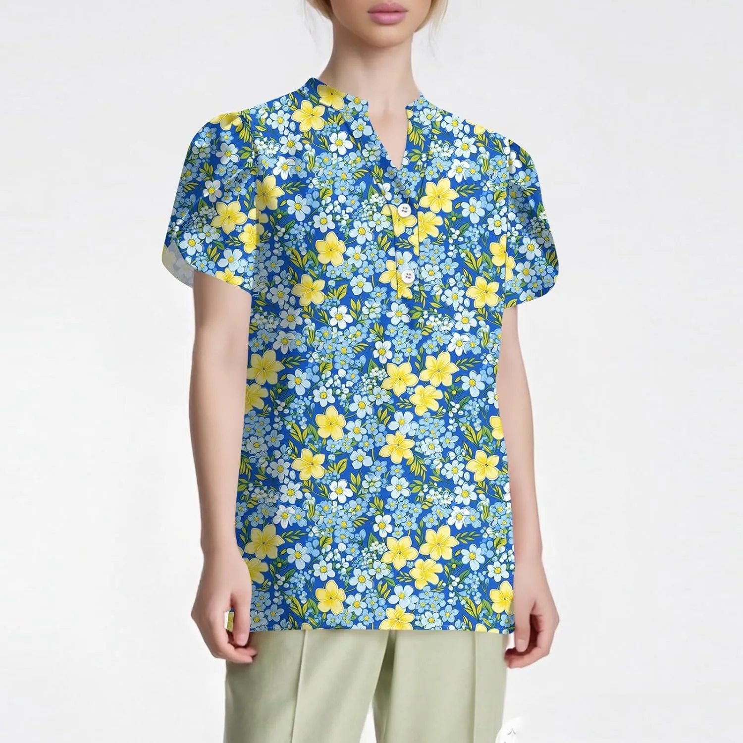 Womens-Plus-Size-Summer-Tops Dressy Ruffle V Neck T Shirts Trendy Puff Short Sleeve Tunics Casual Buttons Up Blouses