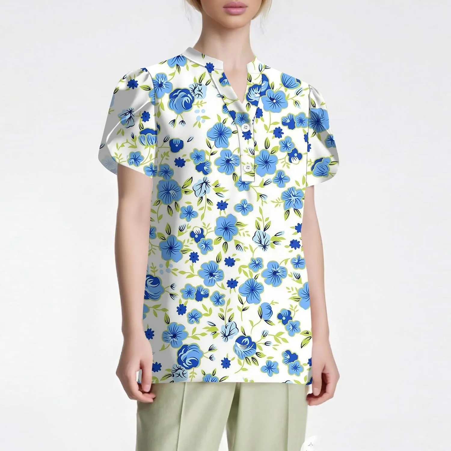 Womens-Plus-Size-Summer-Tops Dressy Ruffle V Neck T Shirts Trendy Puff Short Sleeve Tunics Casual Buttons Up Blouses