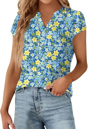 Womens-Plus-Size-Summer-Tops Dressy Ruffle V Neck T Shirts Trendy Puff Short Sleeve Tunics Casual Buttons Up Blouses
