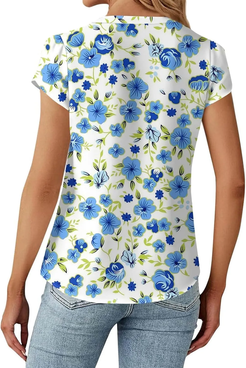 Womens-Plus-Size-Summer-Tops Dressy Ruffle V Neck T Shirts Trendy Puff Short Sleeve Tunics Casual Buttons Up Blouses
