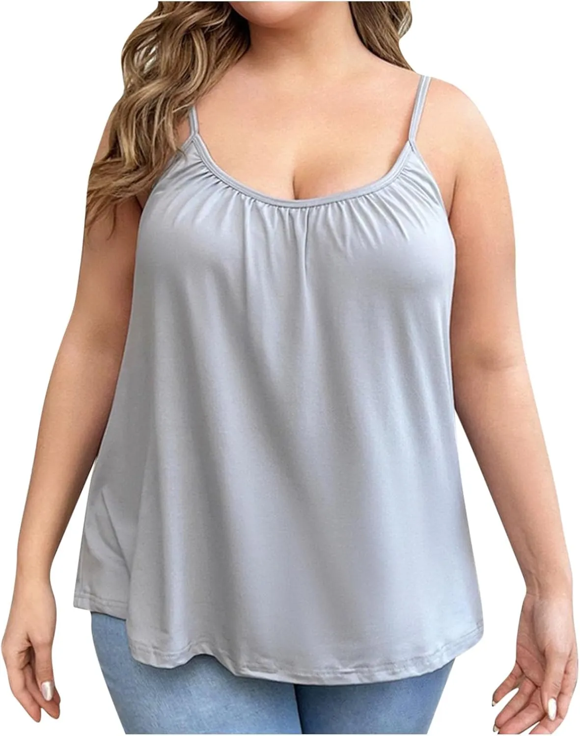 Women's Plus Size Tank Tops with Built in Bras Front Pleated U Neck Comfy Soft Laryered Shirts Comfy Undershirt