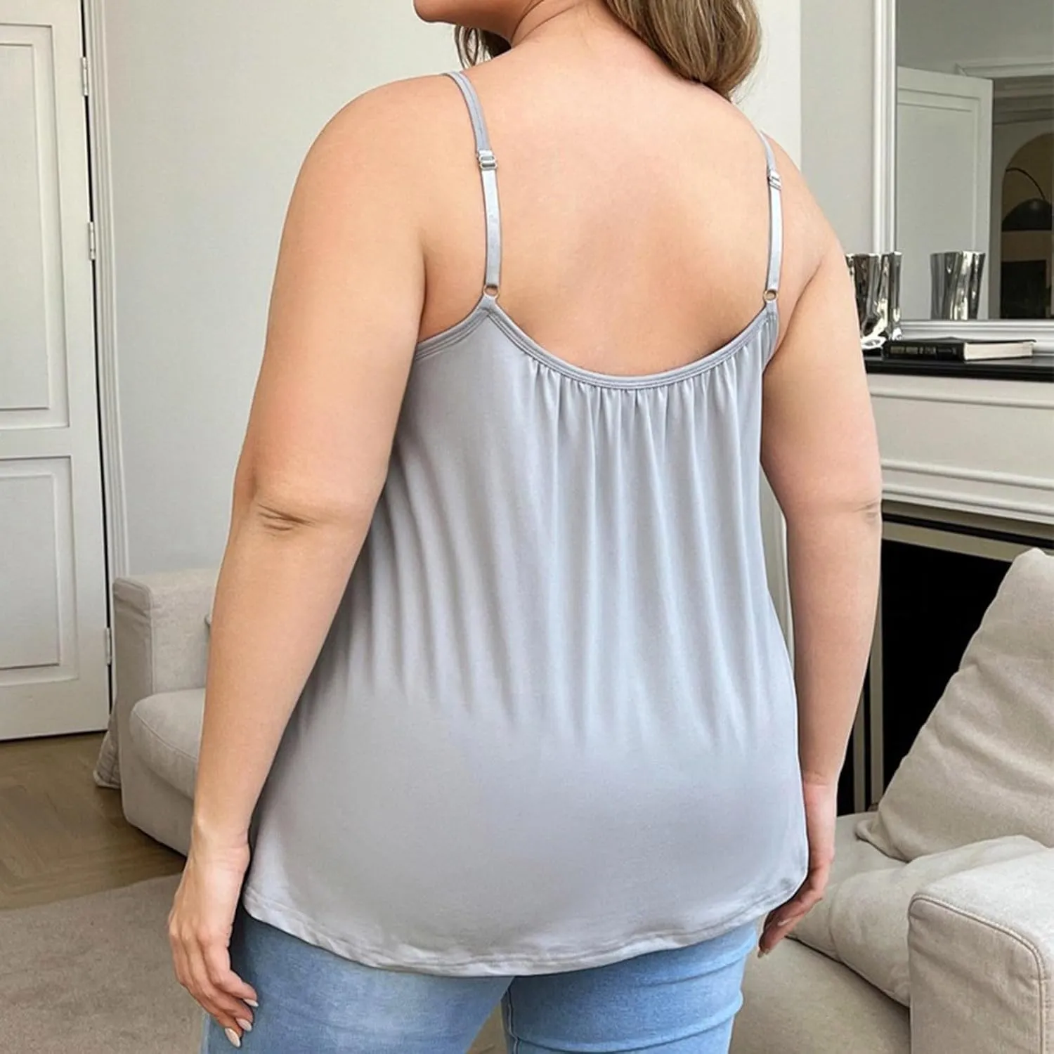 Women's Plus Size Tank Tops with Built in Bras Front Pleated U Neck Comfy Soft Laryered Shirts Comfy Undershirt