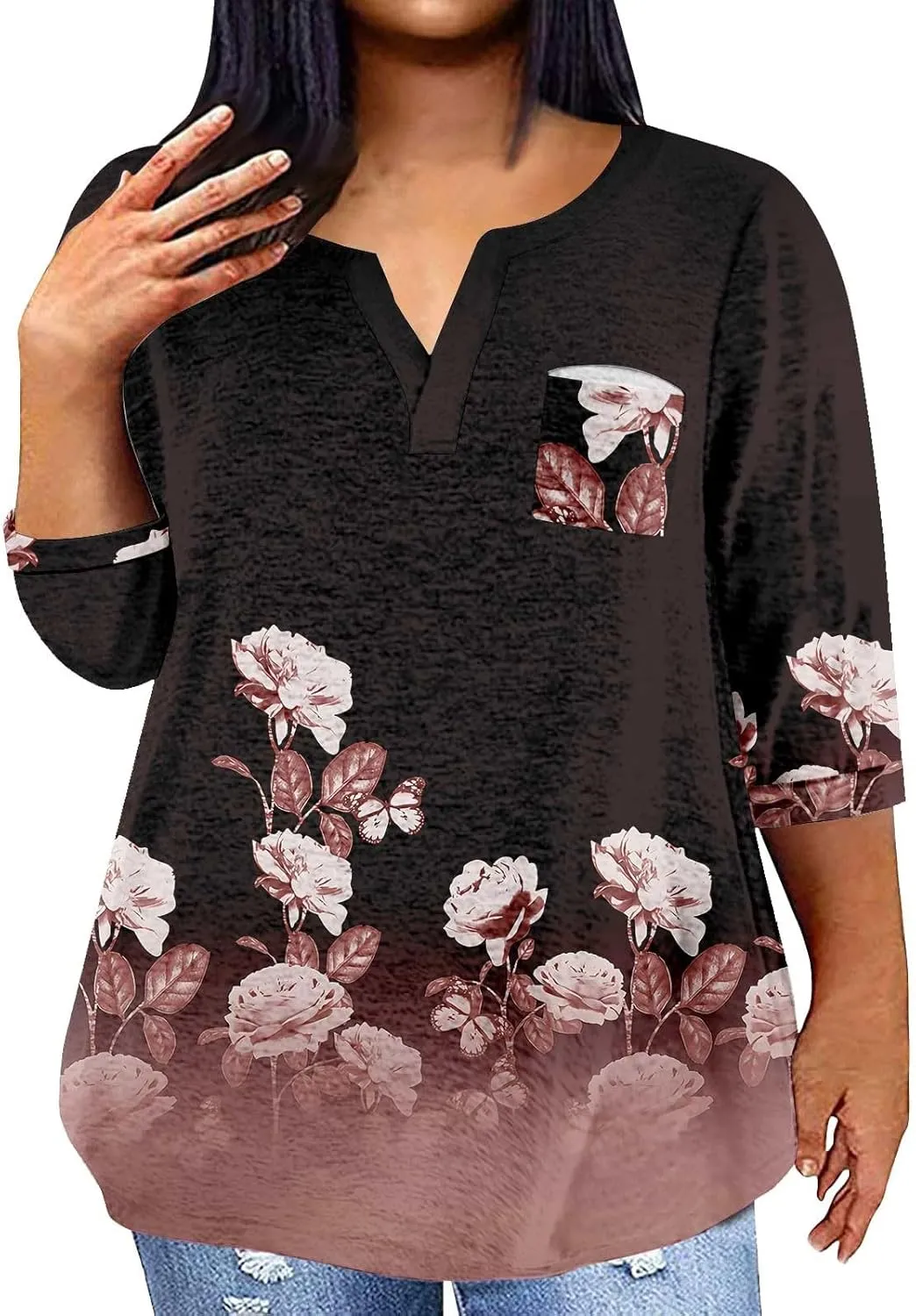 Womens Plus Size Tops V Neck Pullover Tshirts Casual Floral Printed Tunics Trendy Half Sleeve Spring Henley Shirts