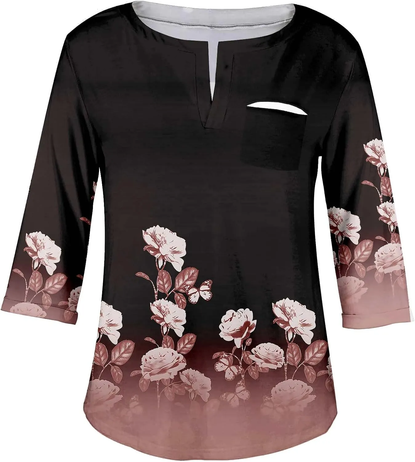 Womens Plus Size Tops V Neck Pullover Tshirts Casual Floral Printed Tunics Trendy Half Sleeve Spring Henley Shirts