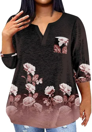 Womens Plus Size Tops V Neck Pullover Tshirts Casual Floral Printed Tunics Trendy Half Sleeve Spring Henley Shirts