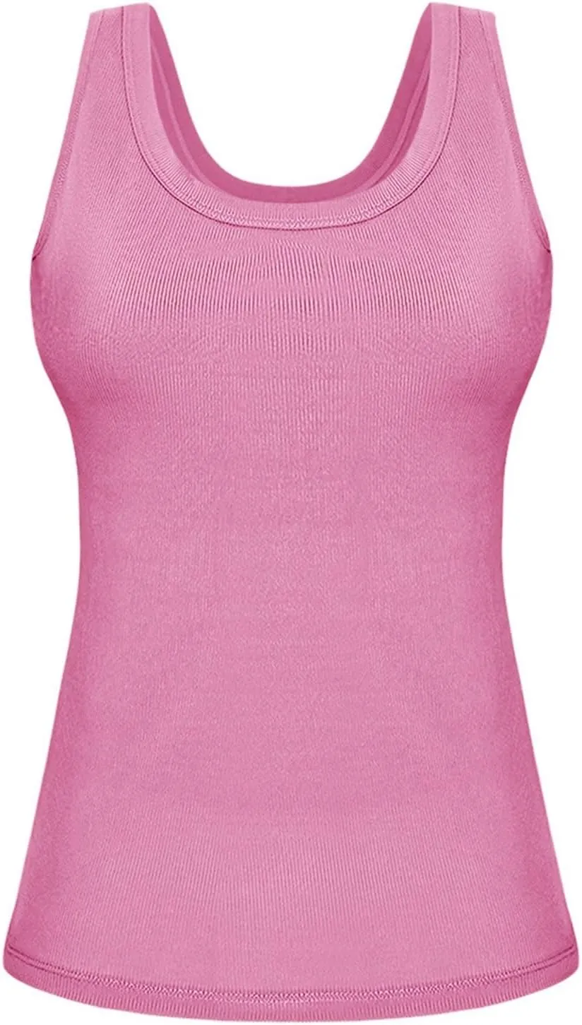 Women's Ribbed Racerback Built-in Bra Tank Tops with Convertible Necklines & Removable Breathable Undershirts