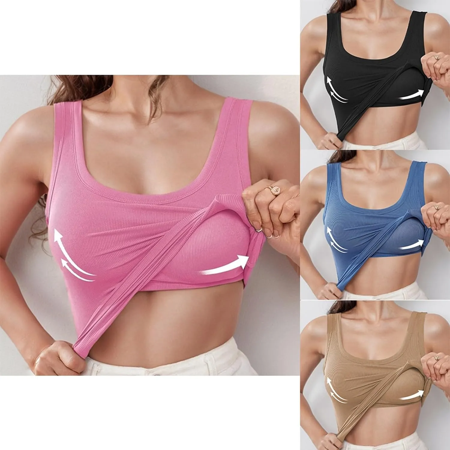 Women's Ribbed Racerback Built-in Bra Tank Tops with Convertible Necklines & Removable Breathable Undershirts