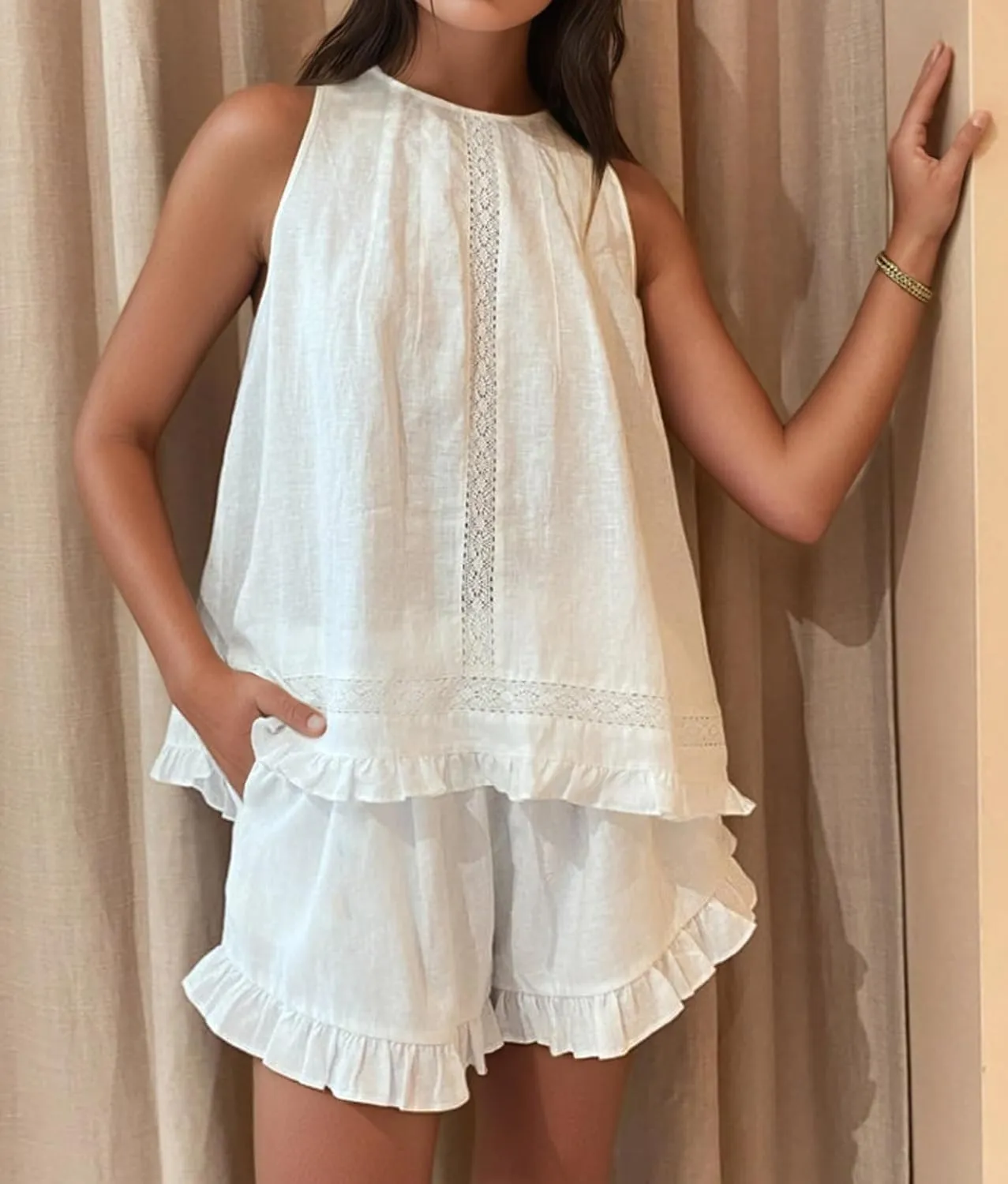 Womens Ruffle Pajama Sets Cotton 2 Piece Sets Summer Sleeveless Lace Trim Top and Shorts