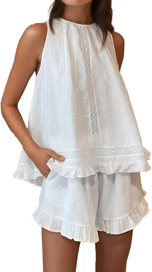 Womens Ruffle Pajama Sets Cotton 2 Piece Sets Summer Sleeveless Lace Trim Top and Shorts