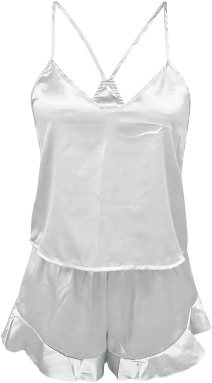 Womens Satin Pajama Sets Silk Camisole Top & Shorts Lightweight Soft Pj Sets for Woman with Ruffle Sleepwear S-3XL