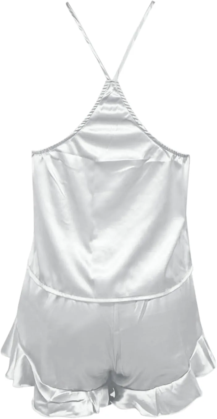 Womens Satin Pajama Sets Silk Camisole Top & Shorts Lightweight Soft Pj Sets for Woman with Ruffle Sleepwear S-3XL