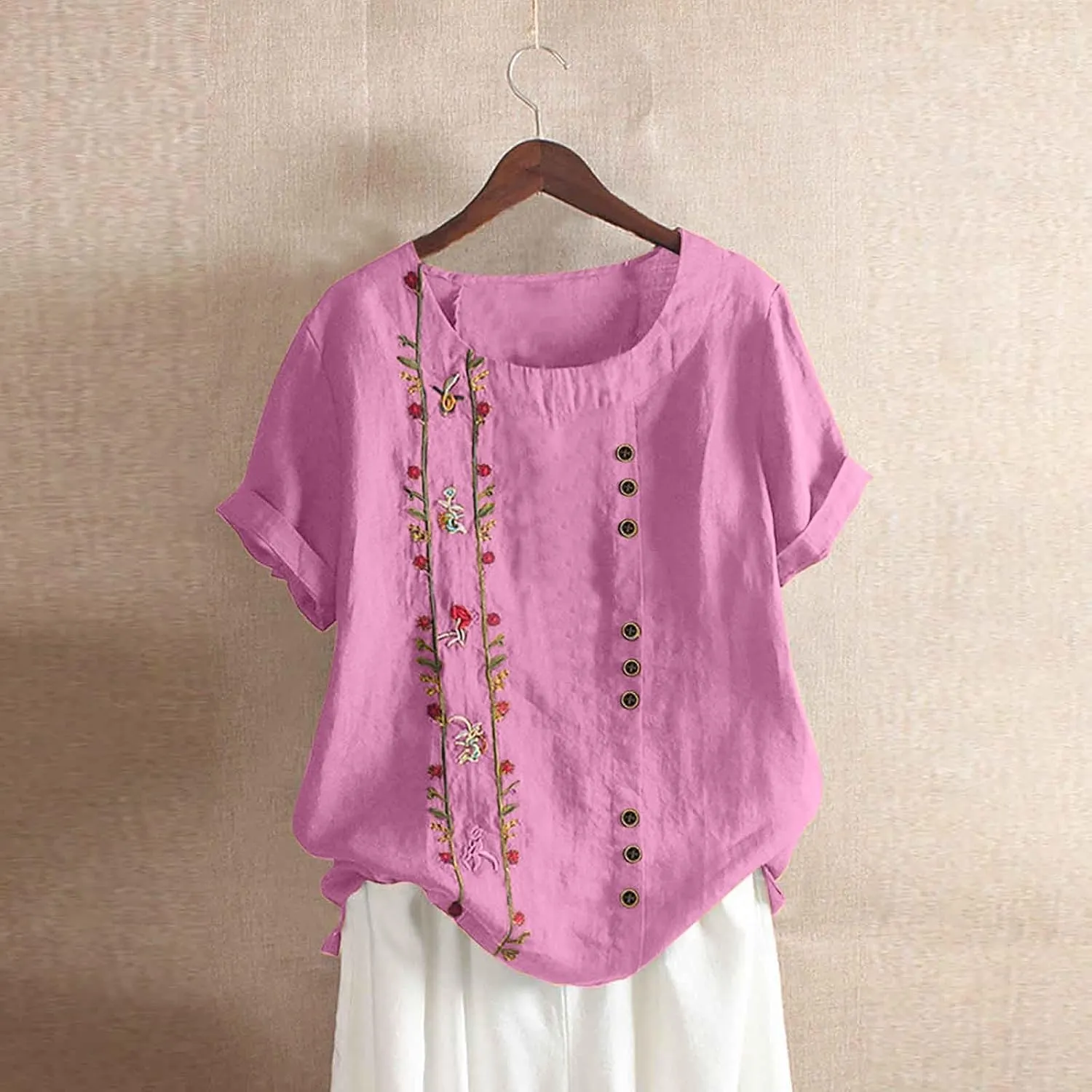 Womens Shirts Casual Short Sleeve Crewneck Embroidery Trendy Tops Soft Cotton Loose Fitted Blouses Linen Clothes
