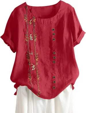 Womens Shirts Casual Short Sleeve Crewneck Embroidery Trendy Tops Soft Cotton Loose Fitted Blouses Linen Clothes
