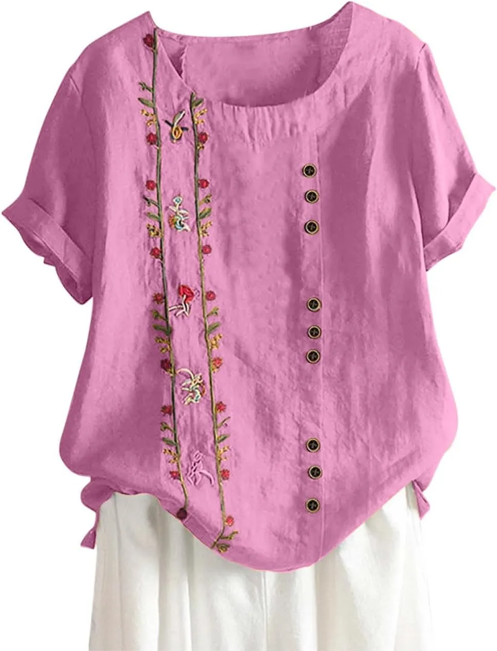 Womens Shirts Casual Short Sleeve Crewneck Embroidery Trendy Tops Soft Cotton Loose Fitted Blouses Linen Clothes