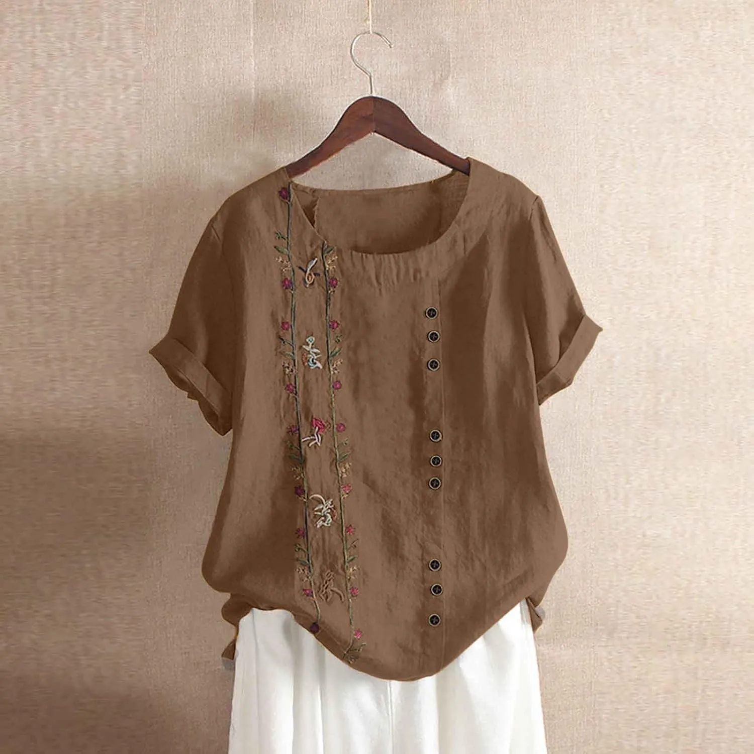 Womens Shirts Casual Short Sleeve Crewneck Embroidery Trendy Tops Soft Cotton Loose Fitted Blouses Linen Clothes