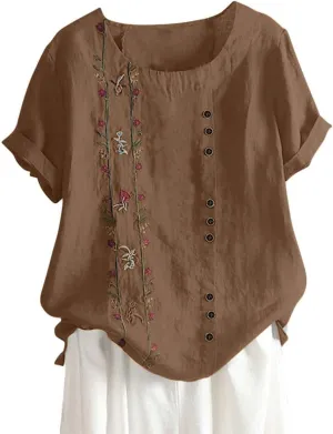 Womens Shirts Casual Short Sleeve Crewneck Embroidery Trendy Tops Soft Cotton Loose Fitted Blouses Linen Clothes