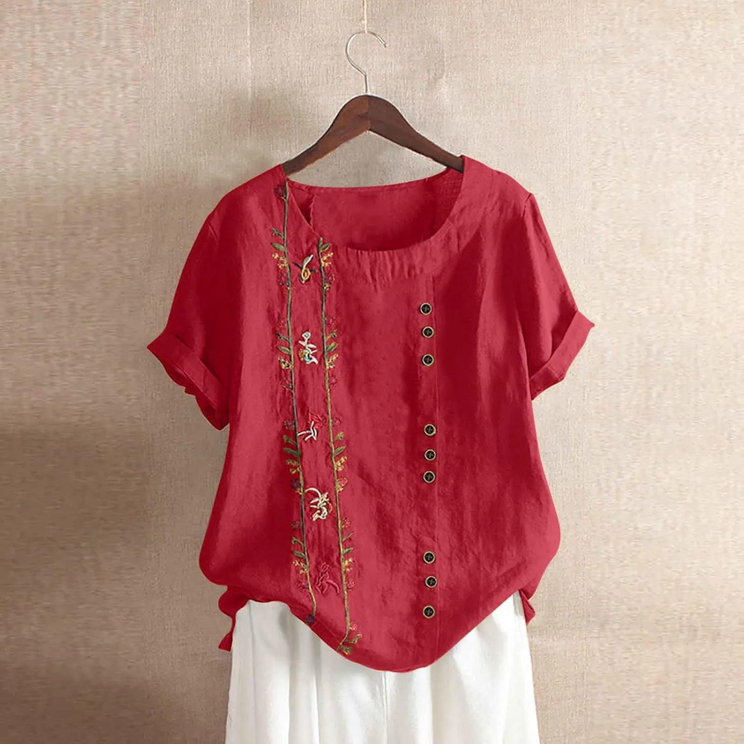 Womens Shirts Casual Short Sleeve Crewneck Embroidery Trendy Tops Soft Cotton Loose Fitted Blouses Linen Clothes