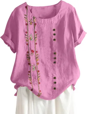 Womens Shirts Casual Short Sleeve Crewneck Embroidery Trendy Tops Soft Cotton Loose Fitted Blouses Linen Clothes