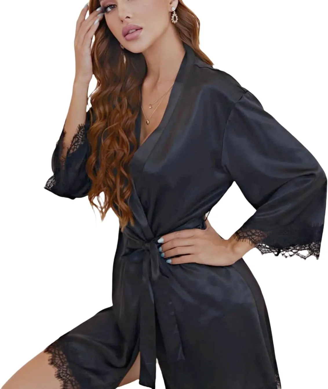 Womens Silk Pajamas Robes Set 4PACKS Sexy Pjs Cami Shorts Satin Sleepwear Lace Loungewear