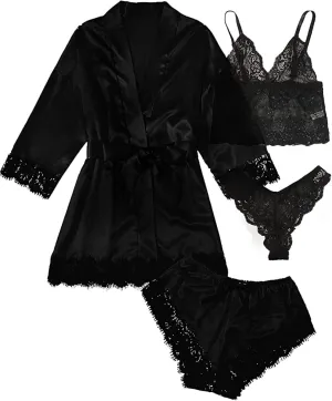 Womens Silk Pajamas Robes Set 4PACKS Sexy Pjs Cami Shorts Satin Sleepwear Lace Loungewear