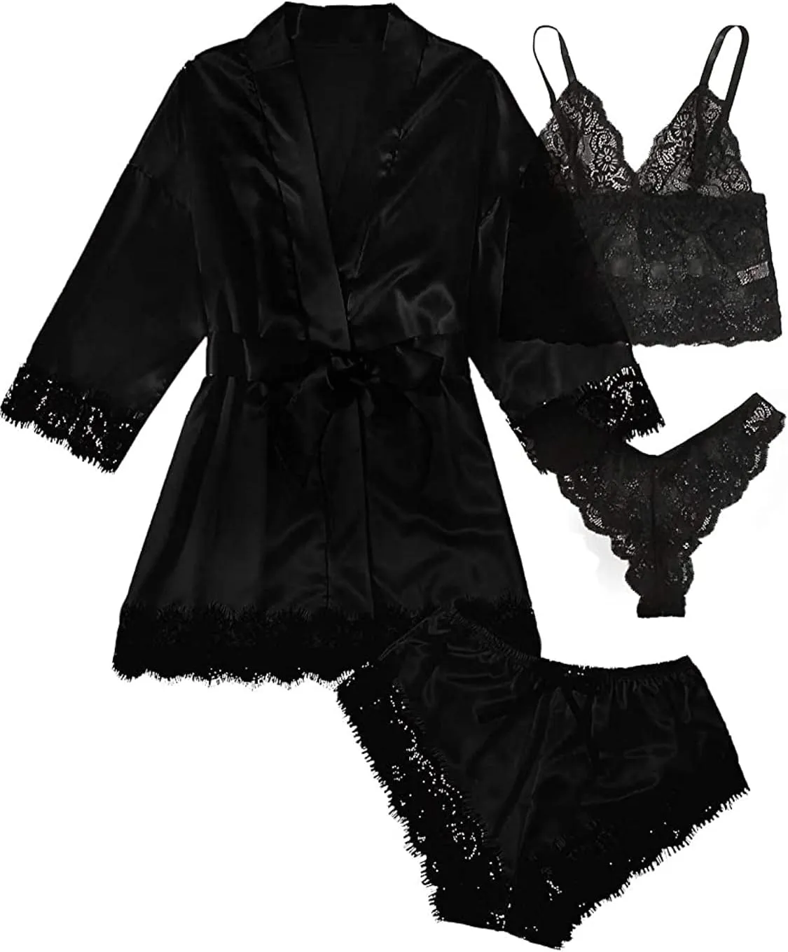 Womens Silk Pajamas Robes Set 4PACKS Sexy Pjs Cami Shorts Satin Sleepwear Lace Loungewear