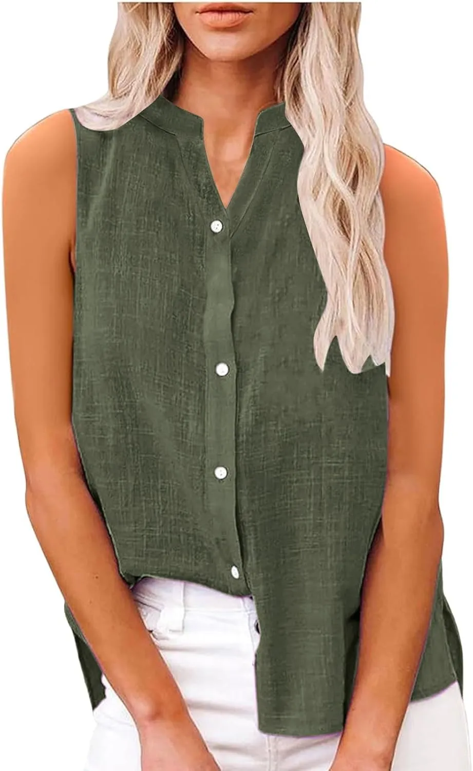Womens Sleeveless Button Down Shirts Cotton Linen V Neck Blouses Solid Color Casual Work Tank Tops Plus Size Tunics