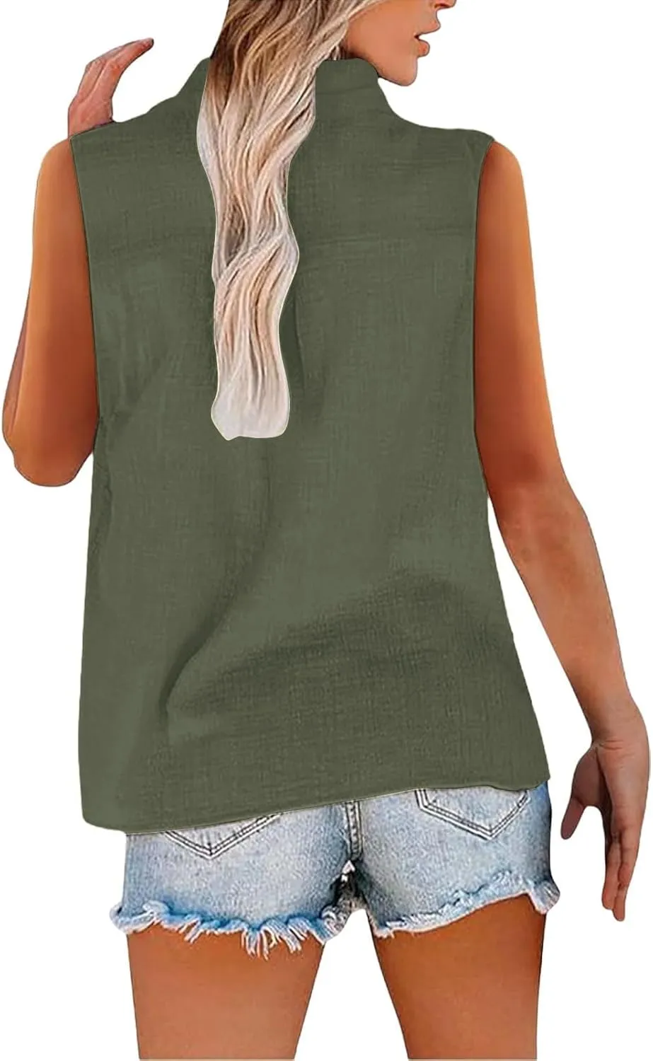 Womens Sleeveless Button Down Shirts Cotton Linen V Neck Blouses Solid Color Casual Work Tank Tops Plus Size Tunics