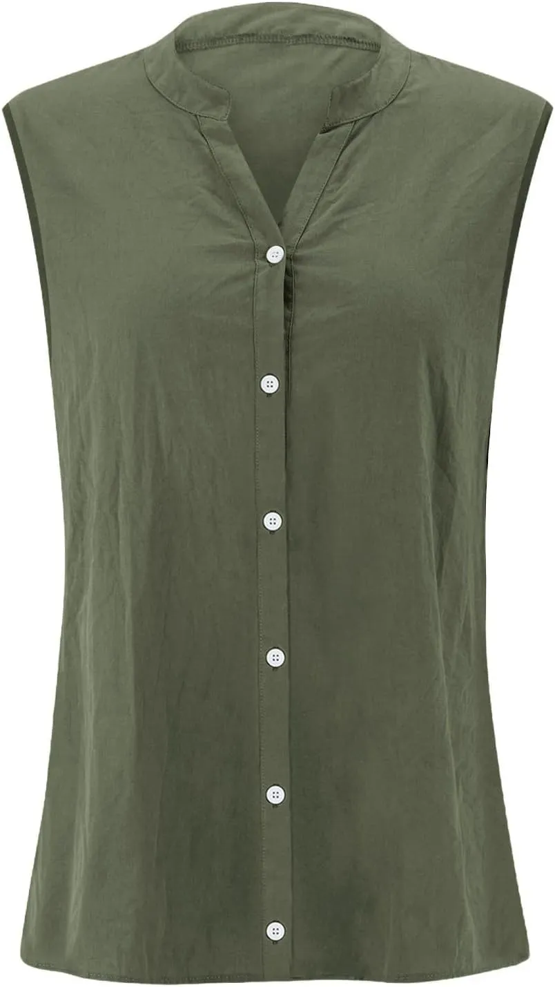 Womens Sleeveless Button Down Shirts Cotton Linen V Neck Blouses Solid Color Casual Work Tank Tops Plus Size Tunics