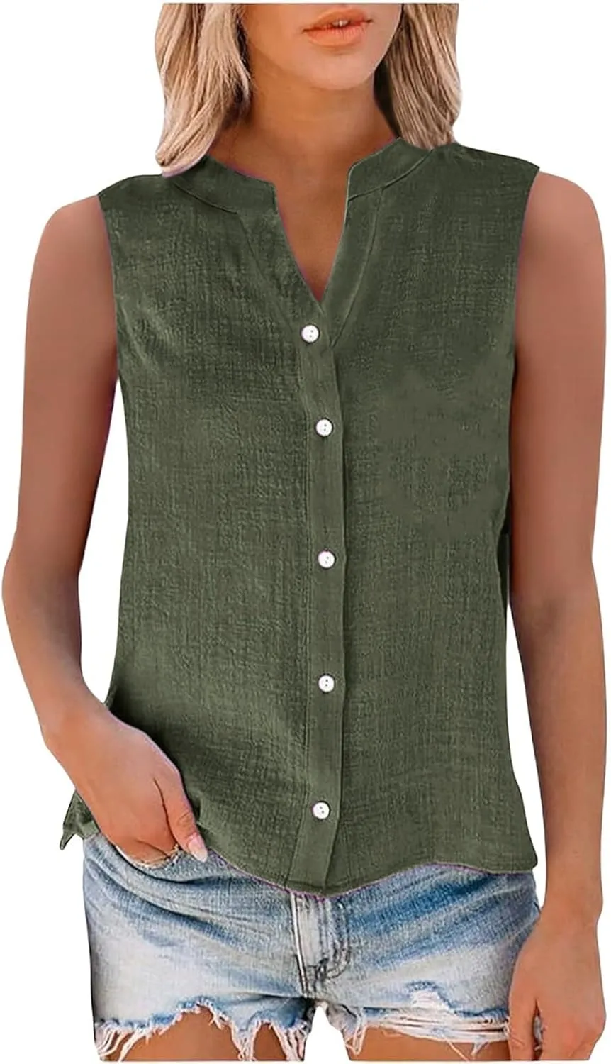 Womens Sleeveless Button Down Shirts Cotton Linen V Neck Blouses Solid Color Casual Work Tank Tops Plus Size Tunics
