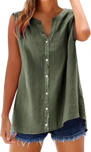 Womens Sleeveless Button Down Shirts Cotton Linen V Neck Blouses Solid Color Casual Work Tank Tops Plus Size Tunics
