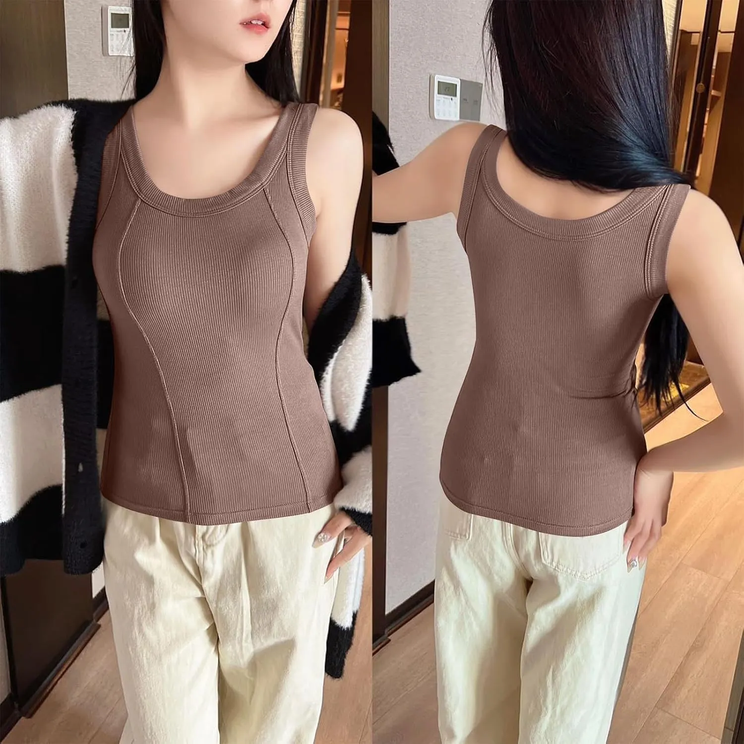 Women's Spaghetti Strap Tank Top with Built in Bra U Neck Lightweight Soft Basic Shirts Seamless Lounge Casual Tanks