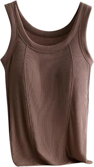 Women's Spaghetti Strap Tank Top with Built in Bra U Neck Lightweight Soft Basic Shirts Seamless Lounge Casual Tanks